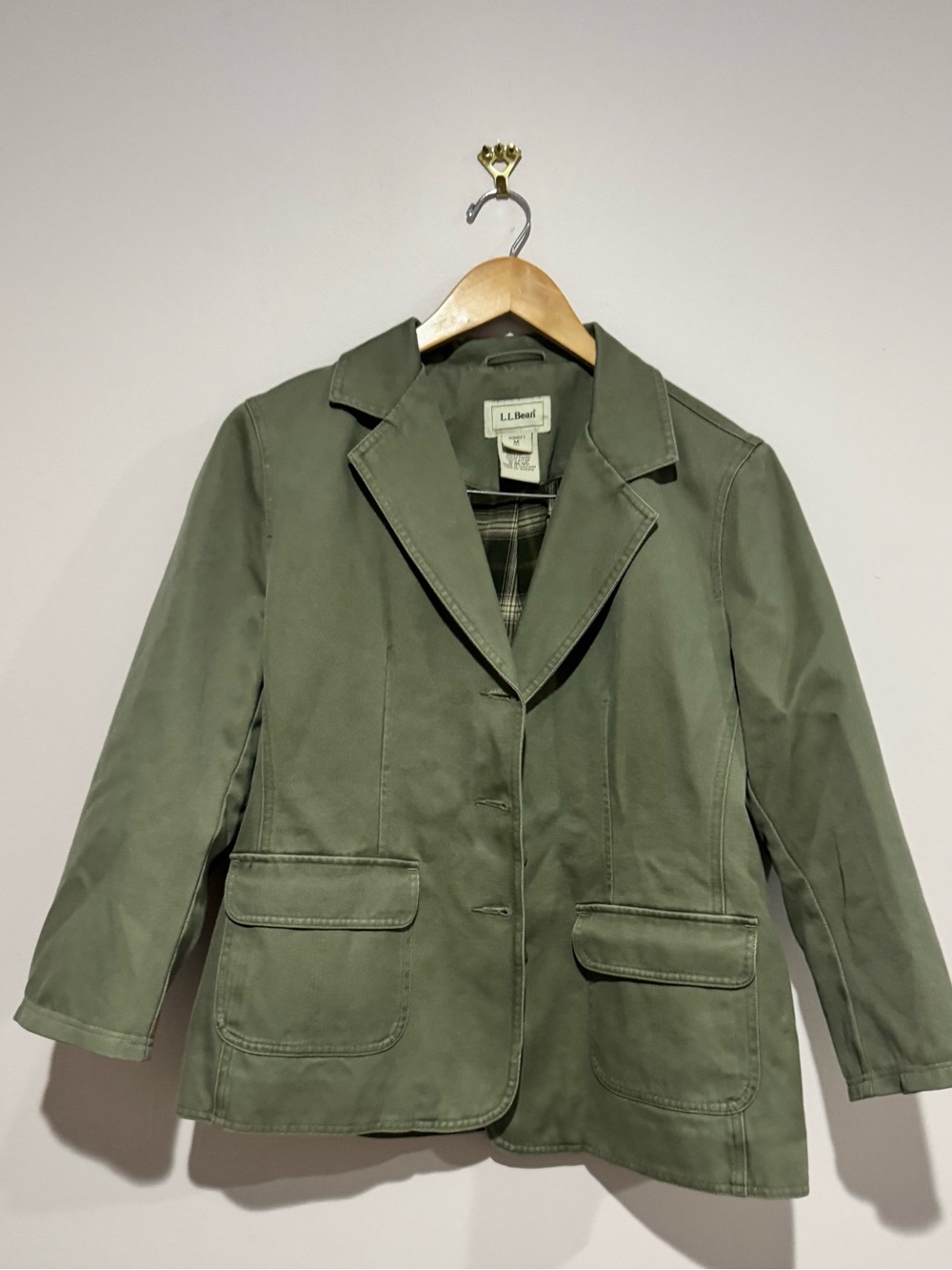 LL Bean Blazer Sz M Pet Cotton Jacket Green Outdoor Pockets Button Plaid